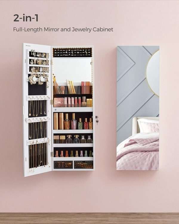 SONGMICS Jewelry Cabinet Armoire Organizer, Wall-Door Mount Storage Cabinet with Full-Length Frameless Lighted Mirror, Built-in Makeup Mirror, 2 Drawers - 2
