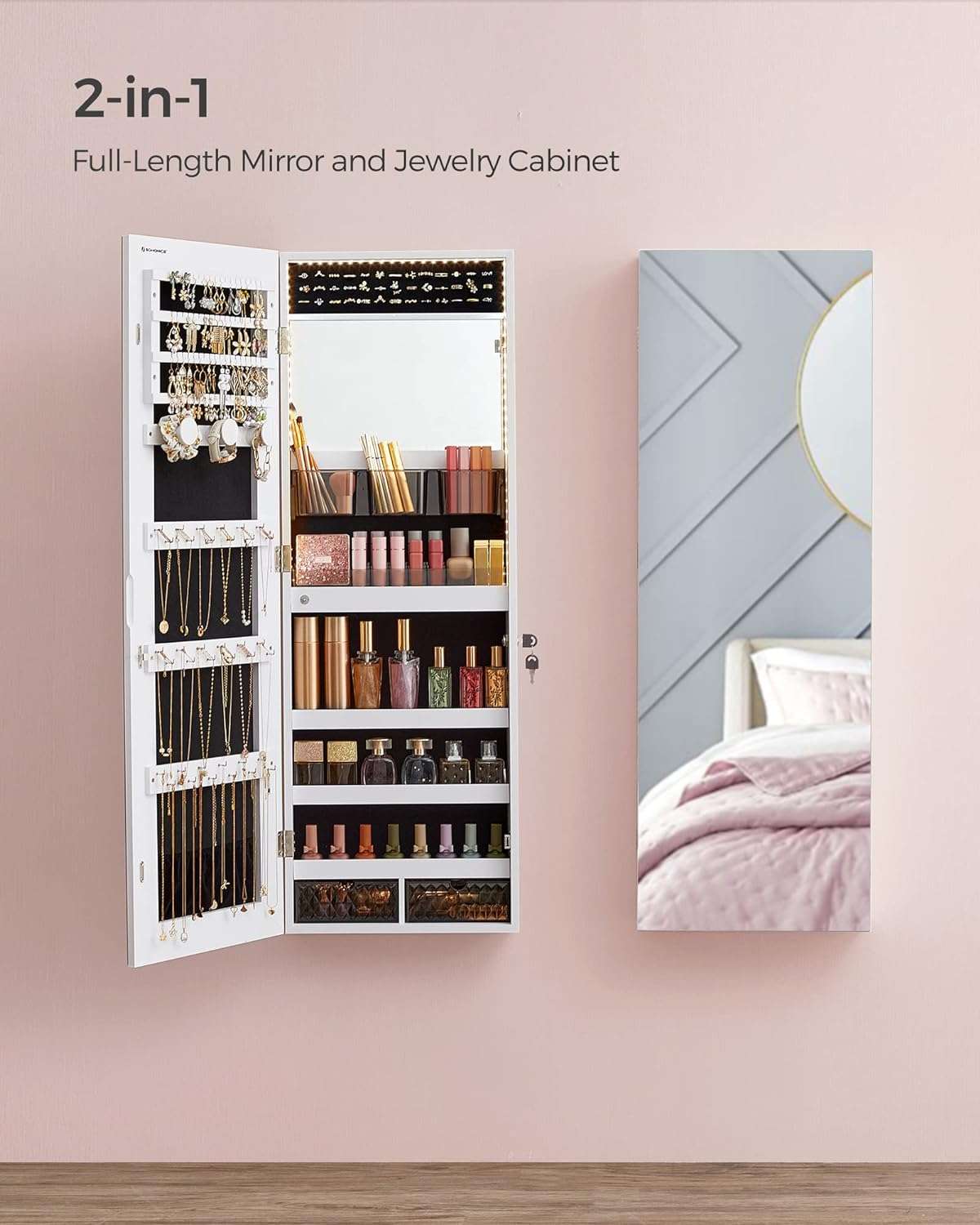 SONGMICS Jewelry Cabinet Armoire Organizer, Wall-Door Mount Storage Cabinet with Full-Length Frameless Lighted Mirror, Built-in Makeup Mirror, 2 Drawers - 2