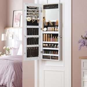 SONGMICS Jewelry Cabinet Armoire Organizer, Wall-Door Mount Storage Cabinet with Full-Length Frameless Lighted Mirror, Built-in Makeup Mirror, 2 Drawers - 3