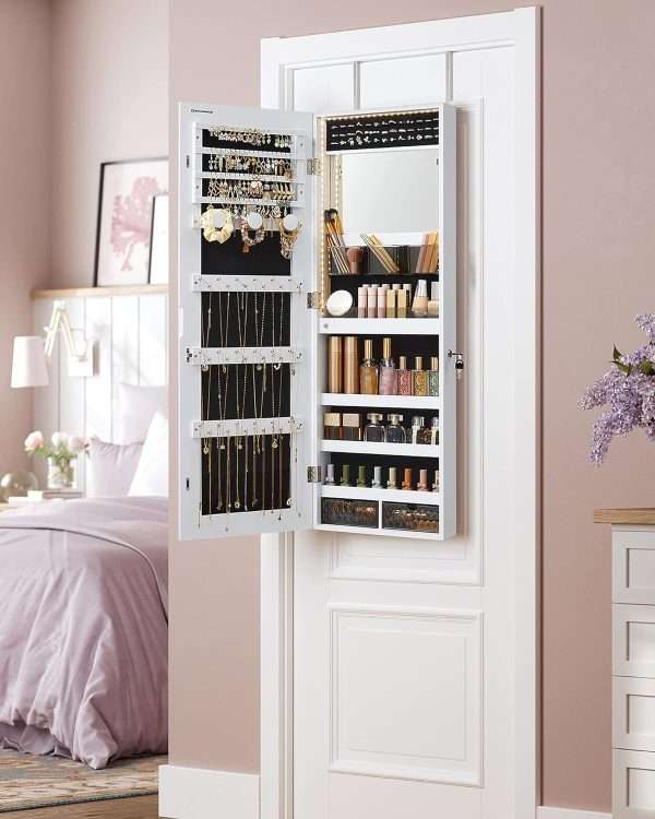 SONGMICS Jewelry Cabinet Armoire Organizer, Wall-Door Mount Storage Cabinet with Full-Length Frameless Lighted Mirror, Built-in Makeup Mirror, 2 Drawers - 3