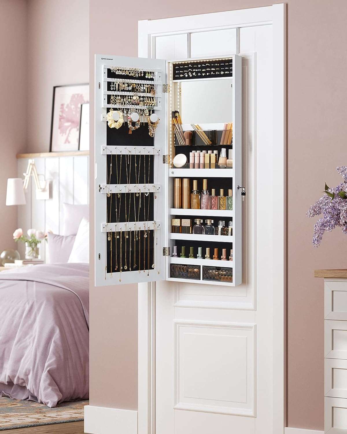SONGMICS Jewelry Cabinet Armoire Organizer, Wall-Door Mount Storage Cabinet with Full-Length Frameless Lighted Mirror, Built-in Makeup Mirror, 2 Drawers - 3