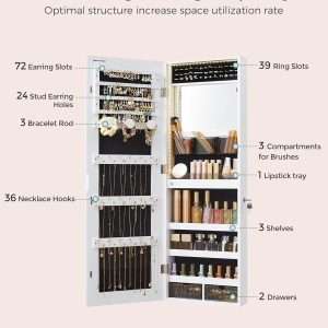 SONGMICS Jewelry Cabinet Armoire Organizer, Wall-Door Mount Storage Cabinet with Full-Length Frameless Lighted Mirror, Built-in Makeup Mirror, 2 Drawers - 4