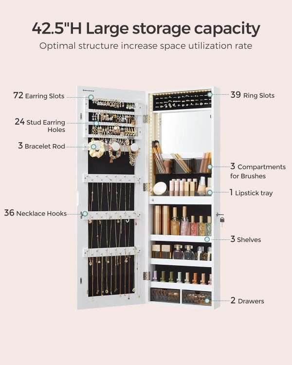SONGMICS Jewelry Cabinet Armoire Organizer, Wall-Door Mount Storage Cabinet with Full-Length Frameless Lighted Mirror, Built-in Makeup Mirror, 2 Drawers - 4