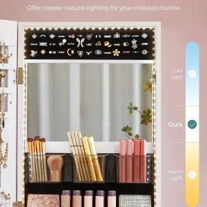SONGMICS Jewelry Cabinet Armoire Organizer, Wall-Door Mount Storage Cabinet with Full-Length Frameless Lighted Mirror, Built-in Makeup Mirror, 2 Drawers - 5