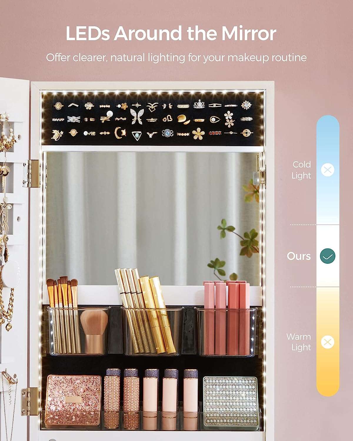 SONGMICS Jewelry Cabinet Armoire Organizer, Wall-Door Mount Storage Cabinet with Full-Length Frameless Lighted Mirror, Built-in Makeup Mirror, 2 Drawers - 5