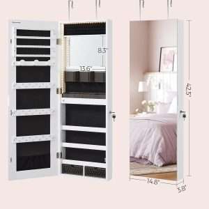 SONGMICS Jewelry Cabinet Armoire Organizer, Wall-Door Mount Storage Cabinet with Full-Length Frameless Lighted Mirror, Built-in Makeup Mirror, 2 Drawers - 7