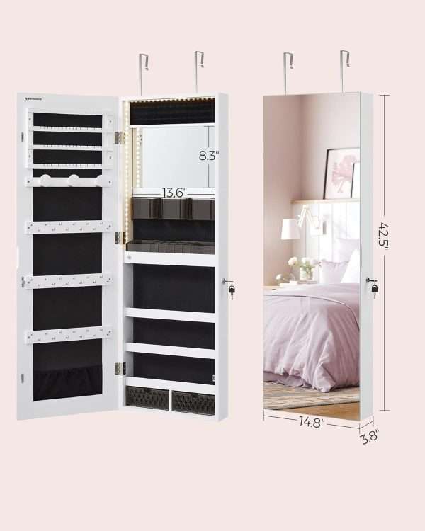 SONGMICS Jewelry Cabinet Armoire Organizer, Wall-Door Mount Storage Cabinet with Full-Length Frameless Lighted Mirror, Built-in Makeup Mirror, 2 Drawers - 7