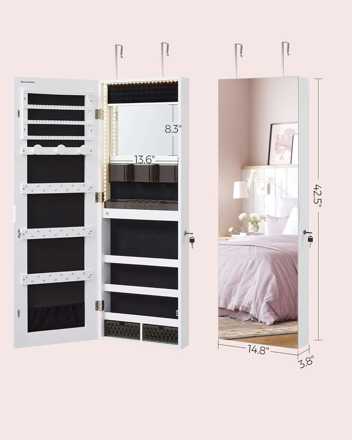 SONGMICS Jewelry Cabinet Armoire Organizer, Wall-Door Mount Storage Cabinet with Full-Length Frameless Lighted Mirror, Built-in Makeup Mirror, 2 Drawers - 7