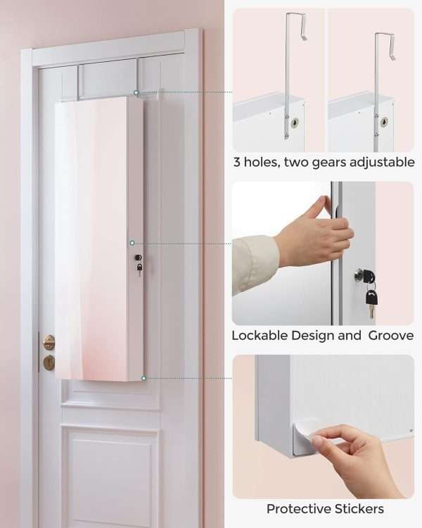 SONGMICS Jewelry Cabinet Armoire Organizer, Wall-Door Mount Storage Cabinet with Full-Length Frameless Lighted Mirror, Built-in Makeup Mirror, 2 Drawers - 8