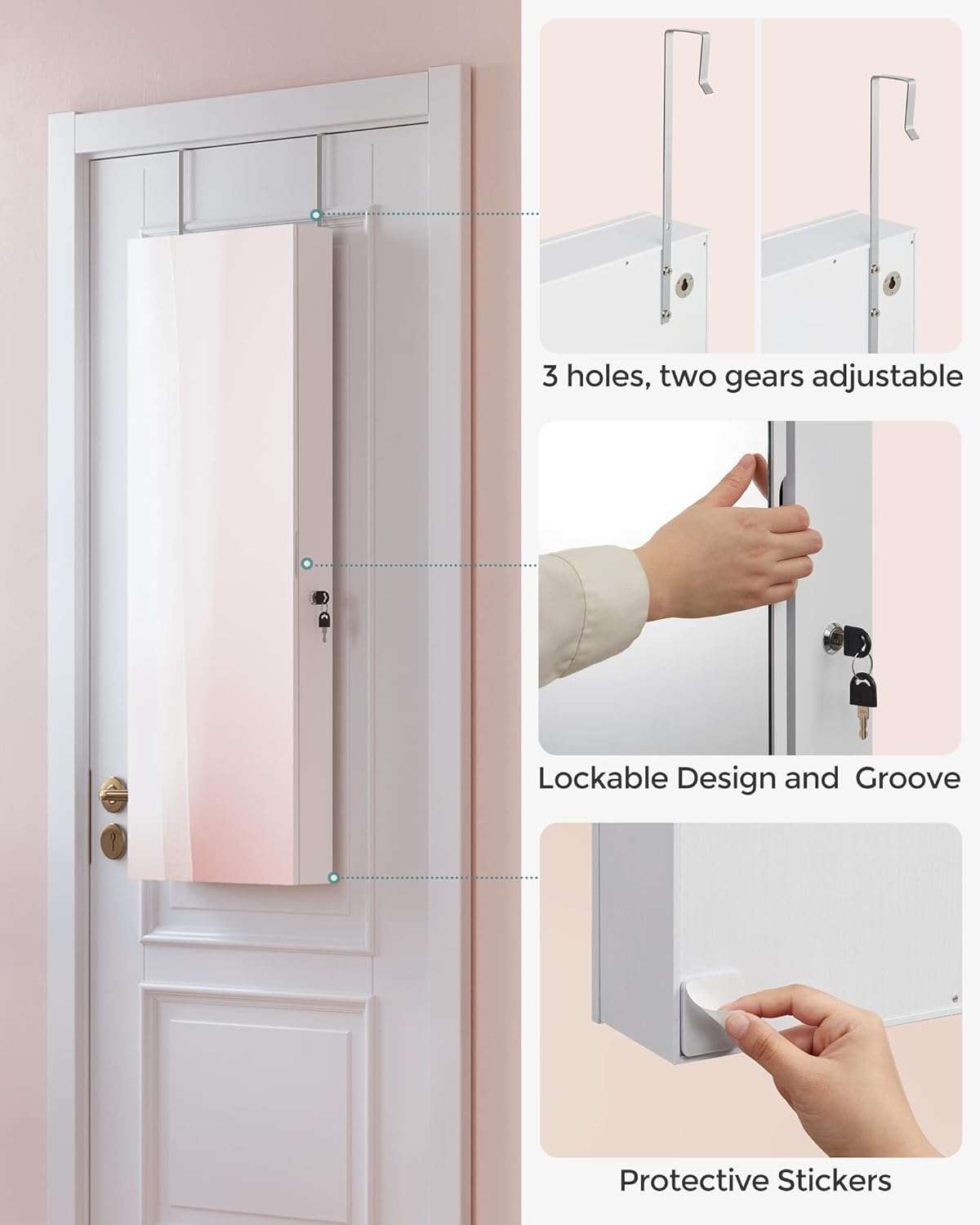 SONGMICS Jewelry Cabinet Armoire Organizer, Wall-Door Mount Storage Cabinet with Full-Length Frameless Lighted Mirror, Built-in Makeup Mirror, 2 Drawers - 8