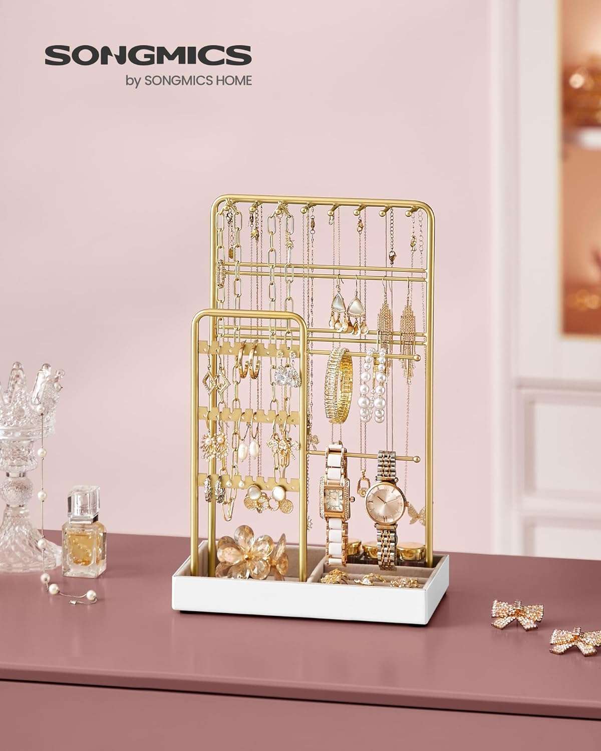SONGMICS Jewelry Holder, Jewelry Organizer, Jewelry Display Stand with Metal Frame and Velvet Tray, Necklace Earring Bracelet Holder - 2