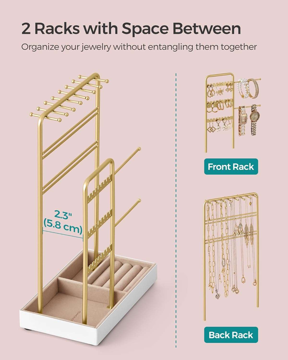 SONGMICS Jewelry Holder, Jewelry Organizer, Jewelry Display Stand with Metal Frame and Velvet Tray, Necklace Earring Bracelet Holder - 3