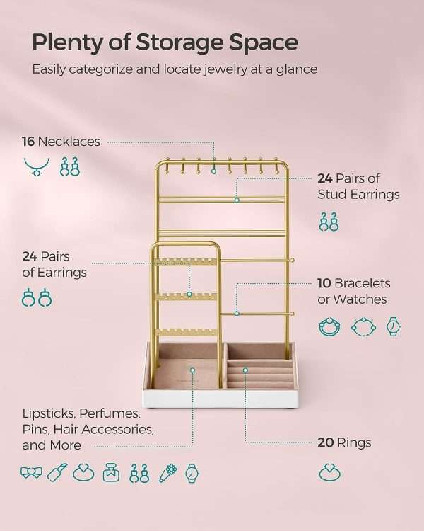 SONGMICS Jewelry Holder, Jewelry Organizer, Jewelry Display Stand with Metal Frame and Velvet Tray, Necklace Earring Bracelet Holder - 4