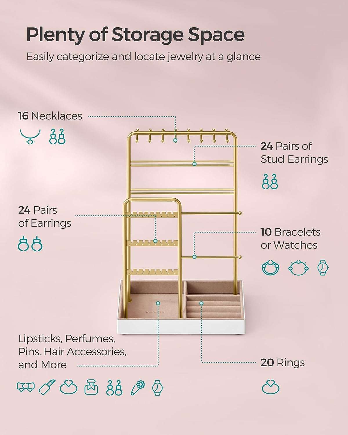 SONGMICS Jewelry Holder, Jewelry Organizer, Jewelry Display Stand with Metal Frame and Velvet Tray, Necklace Earring Bracelet Holder - 4