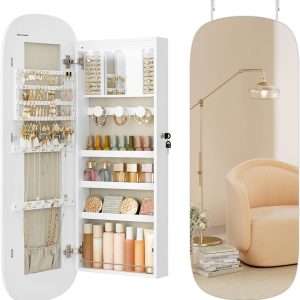 SONGMICS Jewelry Organizer, LED Jewelry Cabinet Wall or Door Mounted, Lockable Rounded Wide Mirror with Storage, Interior Mirror, 3.9 x 16.5 x 42.5 Inches - 1