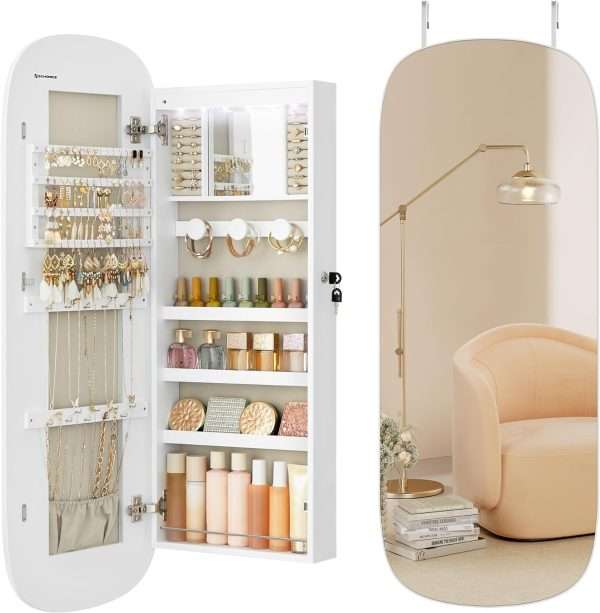 SONGMICS Jewelry Organizer, LED Jewelry Cabinet Wall or Door Mounted, Lockable Rounded Wide Mirror with Storage, Interior Mirror, 3.9 x 16.5 x 42.5 Inches - 1