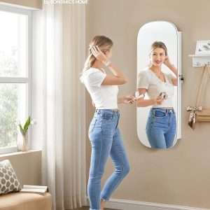 SONGMICS Jewelry Organizer, LED Jewelry Cabinet Wall or Door Mounted, Lockable Rounded Wide Mirror with Storage, Interior Mirror, 3.9 x 16.5 x 42.5 Inches - 2