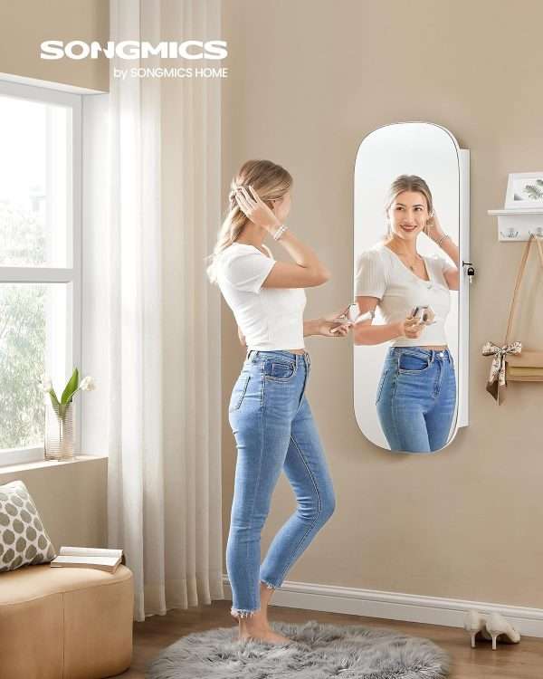 SONGMICS Jewelry Organizer, LED Jewelry Cabinet Wall or Door Mounted, Lockable Rounded Wide Mirror with Storage, Interior Mirror, 3.9 x 16.5 x 42.5 Inches - 2