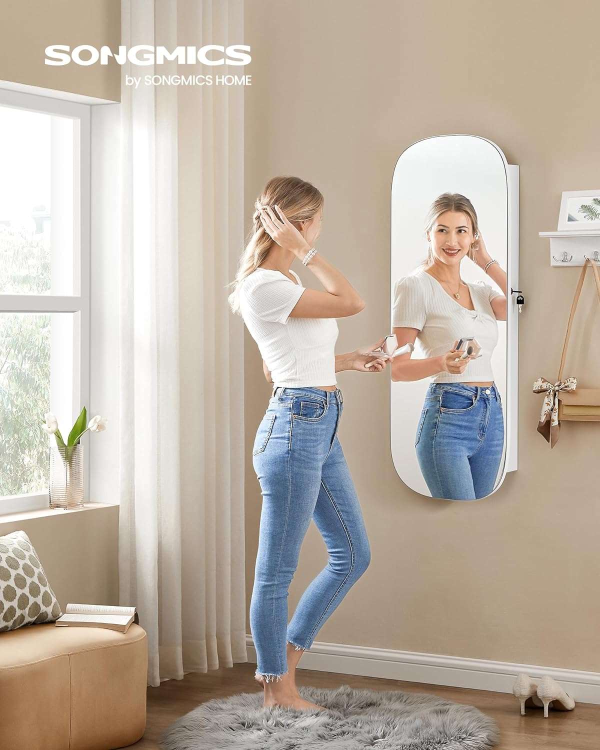 SONGMICS Jewelry Organizer, LED Jewelry Cabinet Wall or Door Mounted, Lockable Rounded Wide Mirror with Storage, Interior Mirror, 3.9 x 16.5 x 42.5 Inches - 2