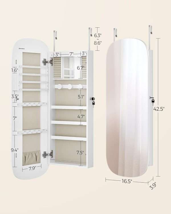 SONGMICS Jewelry Organizer, LED Jewelry Cabinet Wall or Door Mounted, Lockable Rounded Wide Mirror with Storage, Interior Mirror, 3.9 x 16.5 x 42.5 Inches - 3