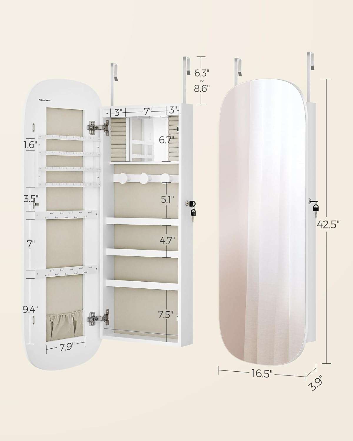 SONGMICS Jewelry Organizer, LED Jewelry Cabinet Wall or Door Mounted, Lockable Rounded Wide Mirror with Storage, Interior Mirror, 3.9 x 16.5 x 42.5 Inches - 3