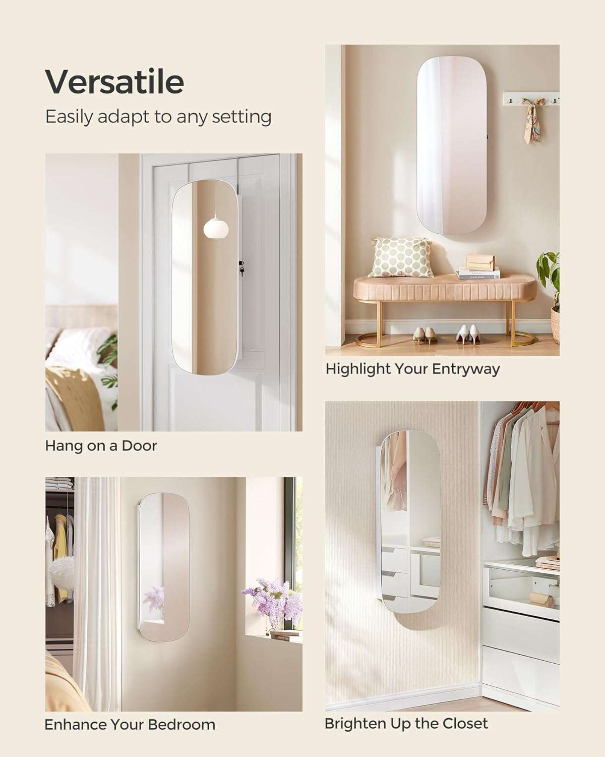 SONGMICS Jewelry Organizer, LED Jewelry Cabinet Wall or Door Mounted, Lockable Rounded Wide Mirror with Storage, Interior Mirror, 3.9 x 16.5 x 42.5 Inches - 4