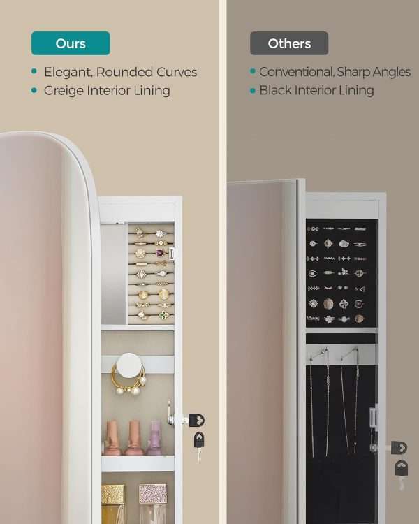 SONGMICS Jewelry Organizer, LED Jewelry Cabinet Wall or Door Mounted, Lockable Rounded Wide Mirror with Storage, Interior Mirror, 3.9 x 16.5 x 42.5 Inches - 5