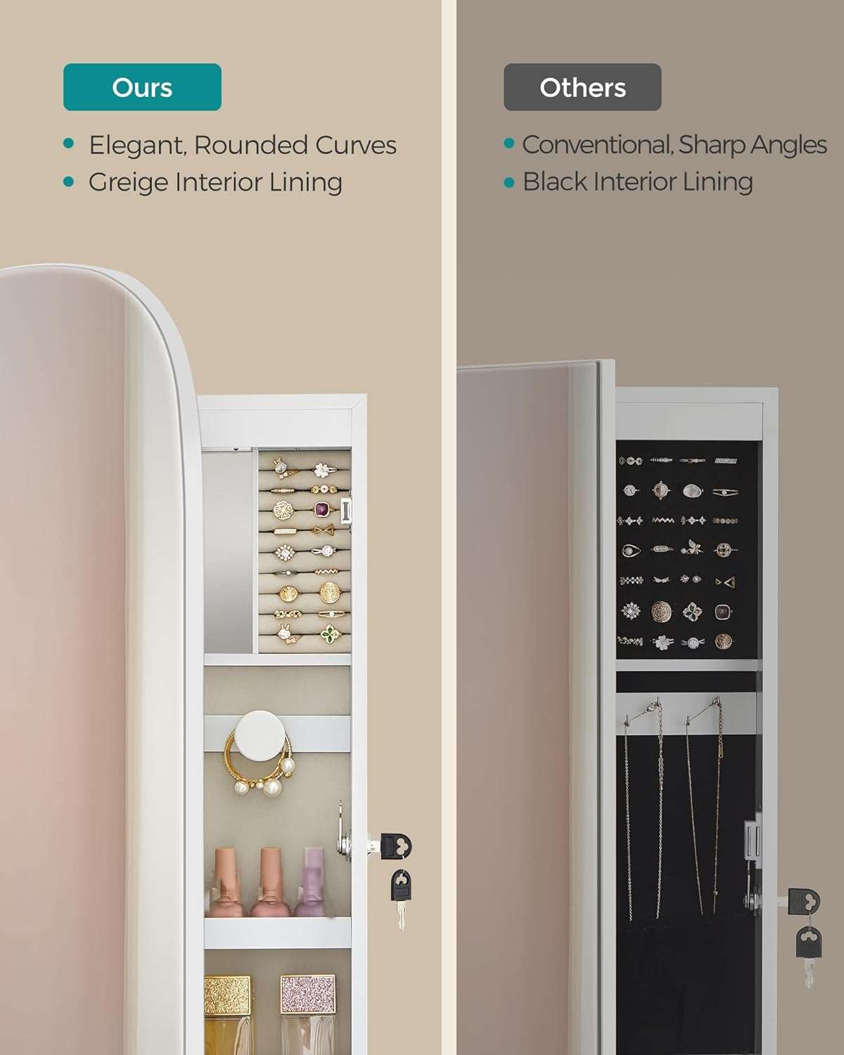 SONGMICS Jewelry Organizer, LED Jewelry Cabinet Wall or Door Mounted, Lockable Rounded Wide Mirror with Storage, Interior Mirror, 3.9 x 16.5 x 42.5 Inches - 5