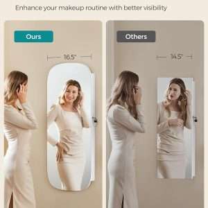 SONGMICS Jewelry Organizer, LED Jewelry Cabinet Wall or Door Mounted, Lockable Rounded Wide Mirror with Storage, Interior Mirror, 3.9 x 16.5 x 42.5 Inches - 6