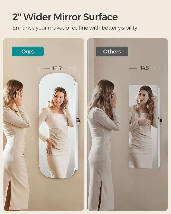 SONGMICS Jewelry Organizer, LED Jewelry Cabinet Wall or Door Mounted, Lockable Rounded Wide Mirror with Storage, Interior Mirror, 3.9 x 16.5 x 42.5 Inches - 6