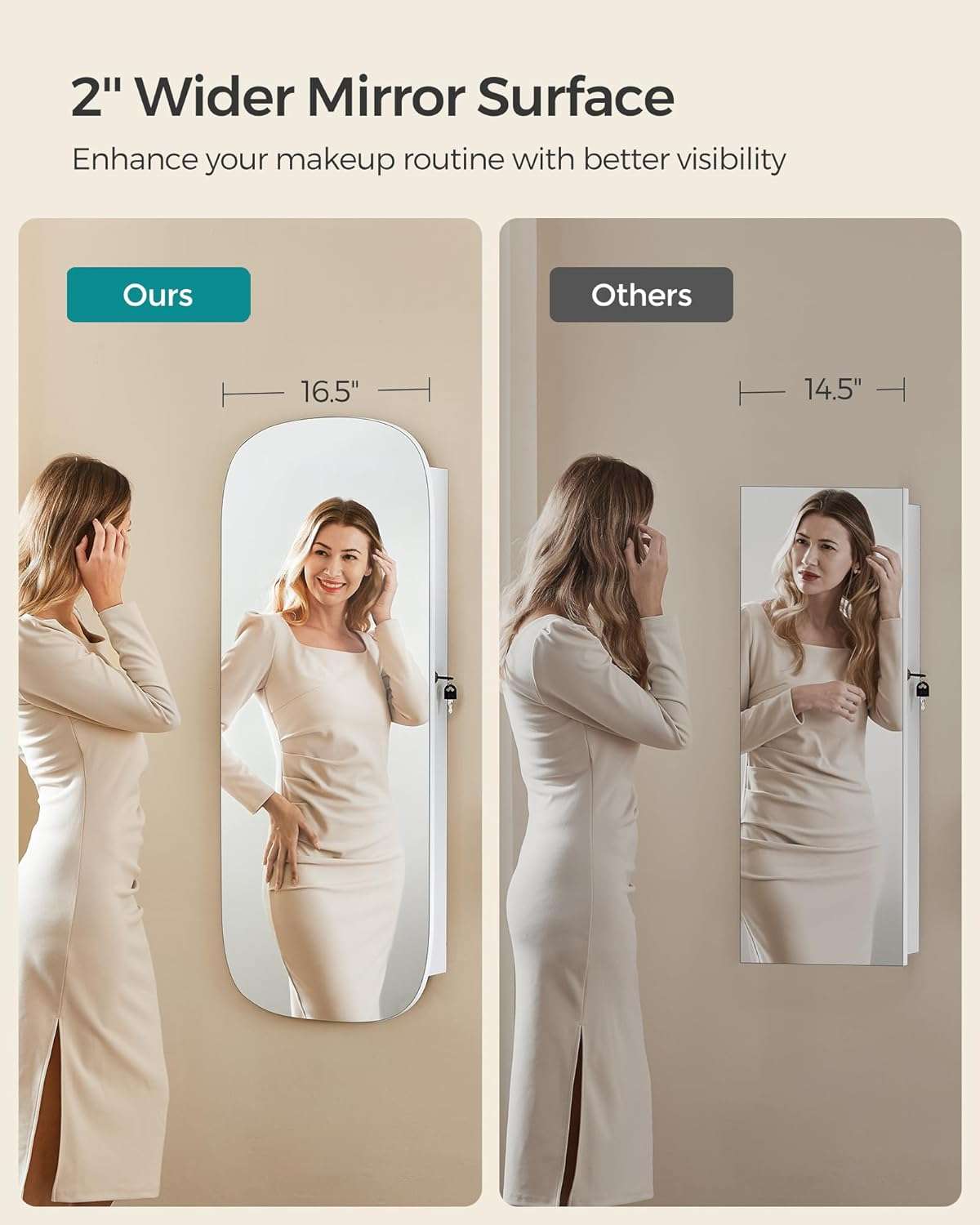 SONGMICS Jewelry Organizer, LED Jewelry Cabinet Wall or Door Mounted, Lockable Rounded Wide Mirror with Storage, Interior Mirror, 3.9 x 16.5 x 42.5 Inches - 6