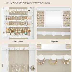 SONGMICS Jewelry Organizer, LED Jewelry Cabinet Wall or Door Mounted, Lockable Rounded Wide Mirror with Storage, Interior Mirror, 3.9 x 16.5 x 42.5 Inches - 7