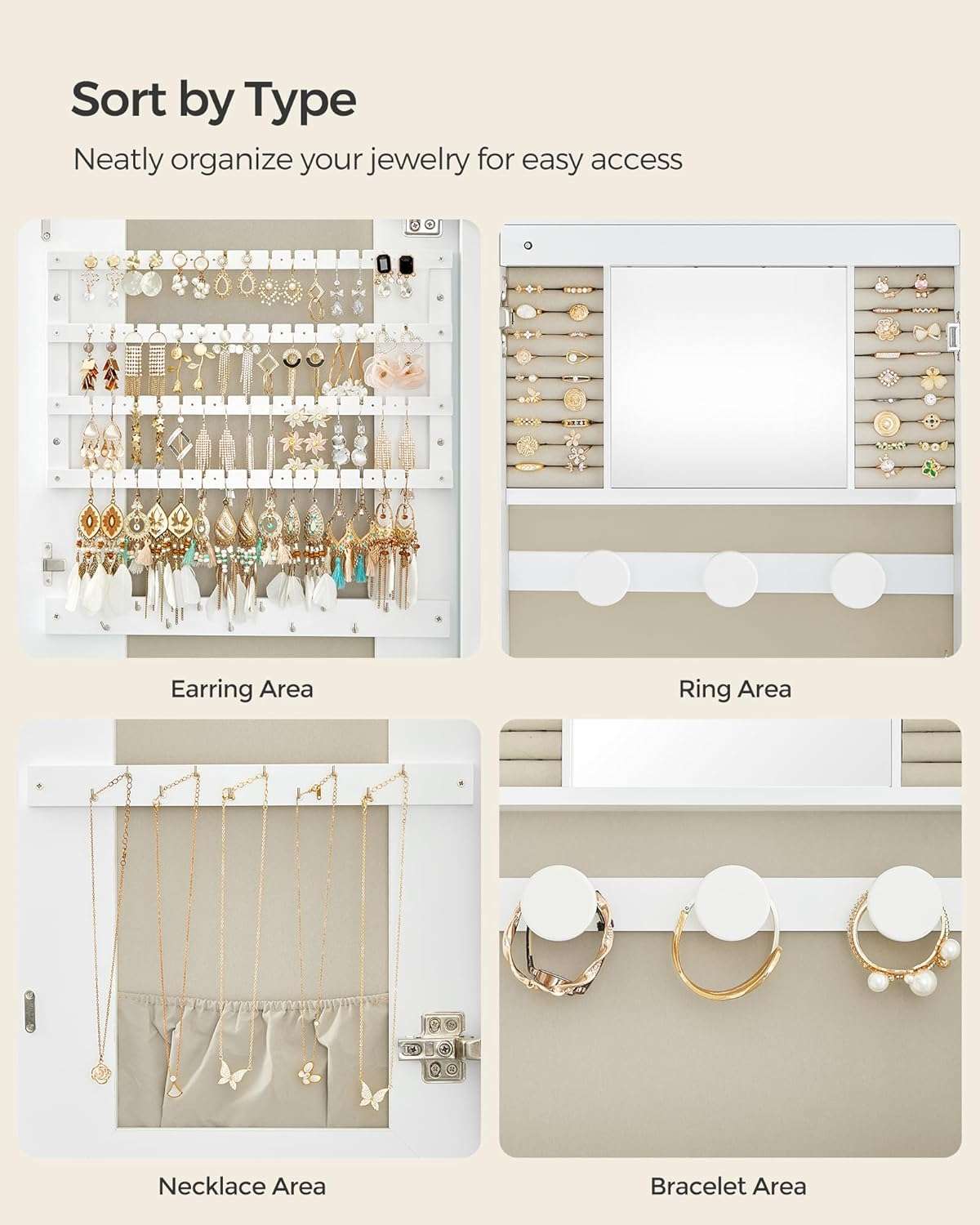 SONGMICS Jewelry Organizer, LED Jewelry Cabinet Wall or Door Mounted, Lockable Rounded Wide Mirror with Storage, Interior Mirror, 3.9 x 16.5 x 42.5 Inches - 7