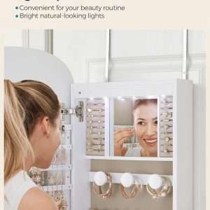 SONGMICS Jewelry Organizer, LED Jewelry Cabinet Wall or Door Mounted, Lockable Rounded Wide Mirror with Storage, Interior Mirror, 3.9 x 16.5 x 42.5 Inches - 8