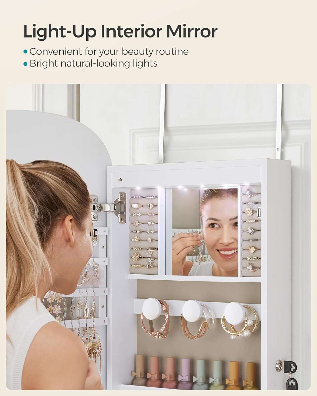 SONGMICS Jewelry Organizer, LED Jewelry Cabinet Wall or Door Mounted, Lockable Rounded Wide Mirror with Storage, Interior Mirror, 3.9 x 16.5 x 42.5 Inches - 8