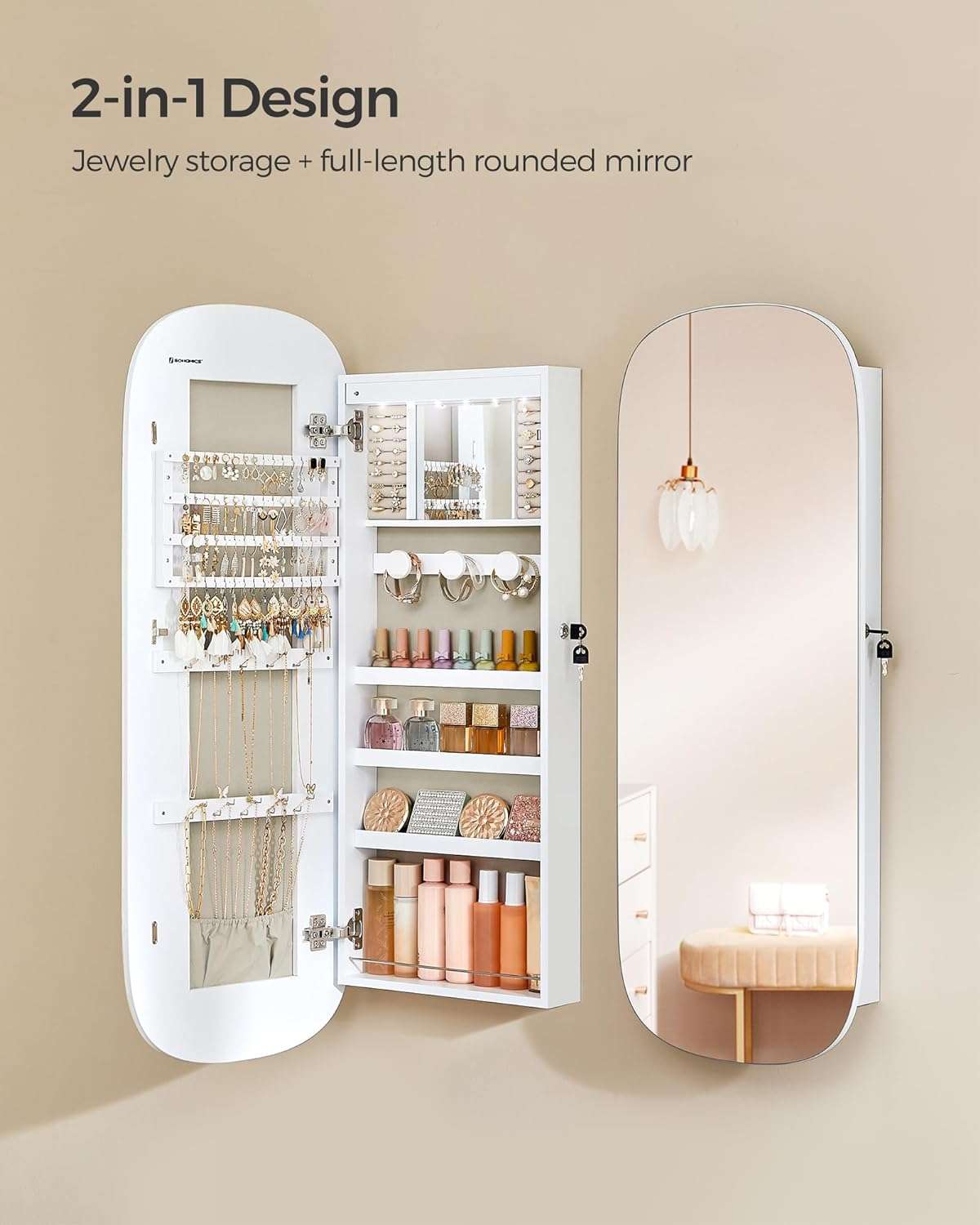 SONGMICS Jewelry Organizer, LED Jewelry Cabinet Wall or Door Mounted, Lockable Rounded Wide Mirror with Storage, Interior Mirror, 3.9 x 16.5 x 42.5 Inches - 9
