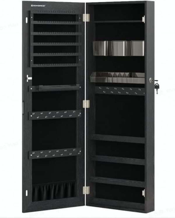 SONGMICS Mirror Jewelry Cabinet Armoire, Wall or Door Mounted Jewelry Storage, Hanging Lockable Frameless with 2 Plastic Cosmetic Organizers, Gift Idea - 1