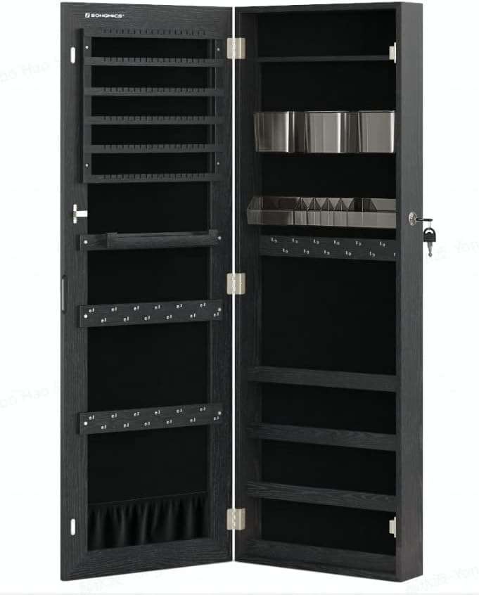 SONGMICS Mirror Jewelry Cabinet Armoire, Wall or Door Mounted Jewelry Storage, Hanging Lockable Frameless with 2 Plastic Cosmetic Organizers, Gift Idea - 1