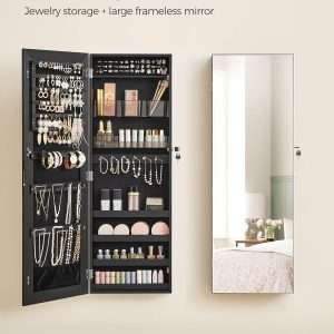 SONGMICS Mirror Jewelry Cabinet Armoire, Wall or Door Mounted Jewelry Storage, Hanging Lockable Frameless with 2 Plastic Cosmetic Organizers, Gift Idea - 2