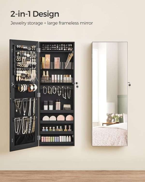 SONGMICS Mirror Jewelry Cabinet Armoire, Wall or Door Mounted Jewelry Storage, Hanging Lockable Frameless with 2 Plastic Cosmetic Organizers, Gift Idea - 2