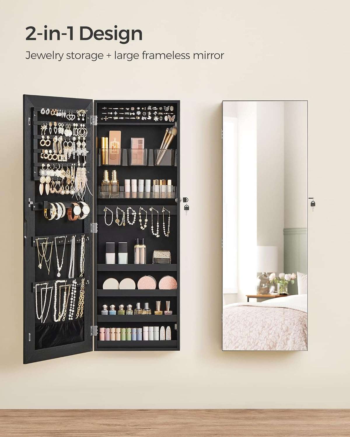 SONGMICS Mirror Jewelry Cabinet Armoire, Wall or Door Mounted Jewelry Storage, Hanging Lockable Frameless with 2 Plastic Cosmetic Organizers, Gift Idea - 2