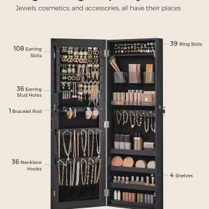 SONGMICS Mirror Jewelry Cabinet Armoire, Wall or Door Mounted Jewelry Storage, Hanging Lockable Frameless with 2 Plastic Cosmetic Organizers, Gift Idea - 3