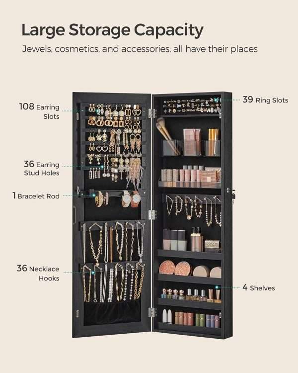 SONGMICS Mirror Jewelry Cabinet Armoire, Wall or Door Mounted Jewelry Storage, Hanging Lockable Frameless with 2 Plastic Cosmetic Organizers, Gift Idea - 3
