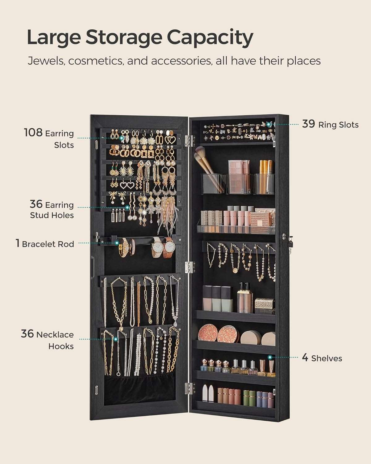 SONGMICS Mirror Jewelry Cabinet Armoire, Wall or Door Mounted Jewelry Storage, Hanging Lockable Frameless with 2 Plastic Cosmetic Organizers, Gift Idea - 3