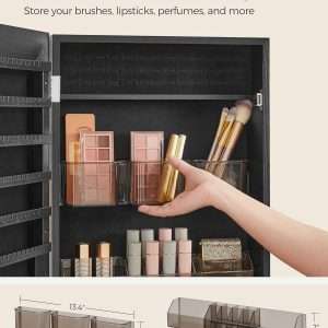 SONGMICS Mirror Jewelry Cabinet Armoire, Wall or Door Mounted Jewelry Storage, Hanging Lockable Frameless with 2 Plastic Cosmetic Organizers, Gift Idea - 4