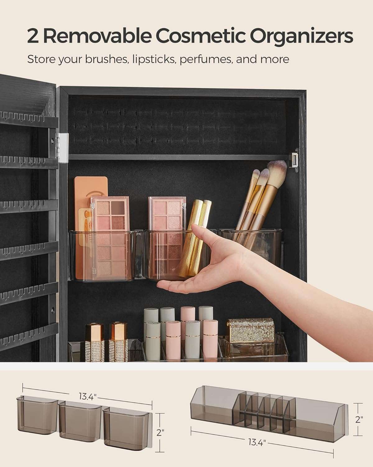 SONGMICS Mirror Jewelry Cabinet Armoire, Wall or Door Mounted Jewelry Storage, Hanging Lockable Frameless with 2 Plastic Cosmetic Organizers, Gift Idea - 4
