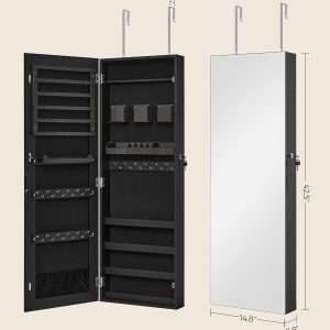 SONGMICS Mirror Jewelry Cabinet Armoire, Wall or Door Mounted Jewelry Storage, Hanging Lockable Frameless with 2 Plastic Cosmetic Organizers, Gift Idea - 6