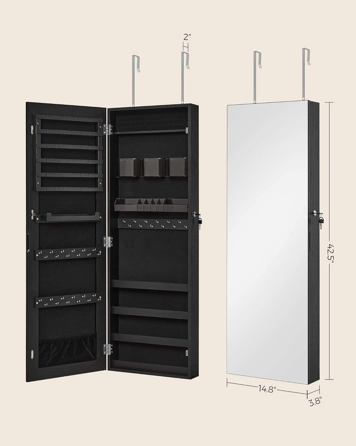 SONGMICS Mirror Jewelry Cabinet Armoire, Wall or Door Mounted Jewelry Storage, Hanging Lockable Frameless with 2 Plastic Cosmetic Organizers, Gift Idea - 6