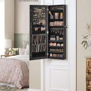SONGMICS Mirror Jewelry Cabinet Armoire, Wall or Door Mounted Jewelry Storage, Hanging Lockable Frameless with 2 Plastic Cosmetic Organizers, Gift Idea - 7