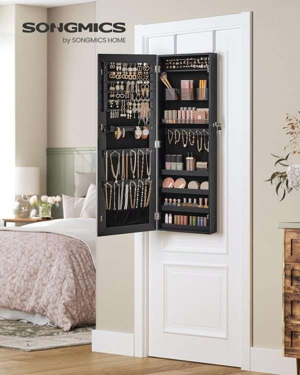 SONGMICS Mirror Jewelry Cabinet Armoire, Wall or Door Mounted Jewelry Storage, Hanging Lockable Frameless with 2 Plastic Cosmetic Organizers, Gift Idea - 7